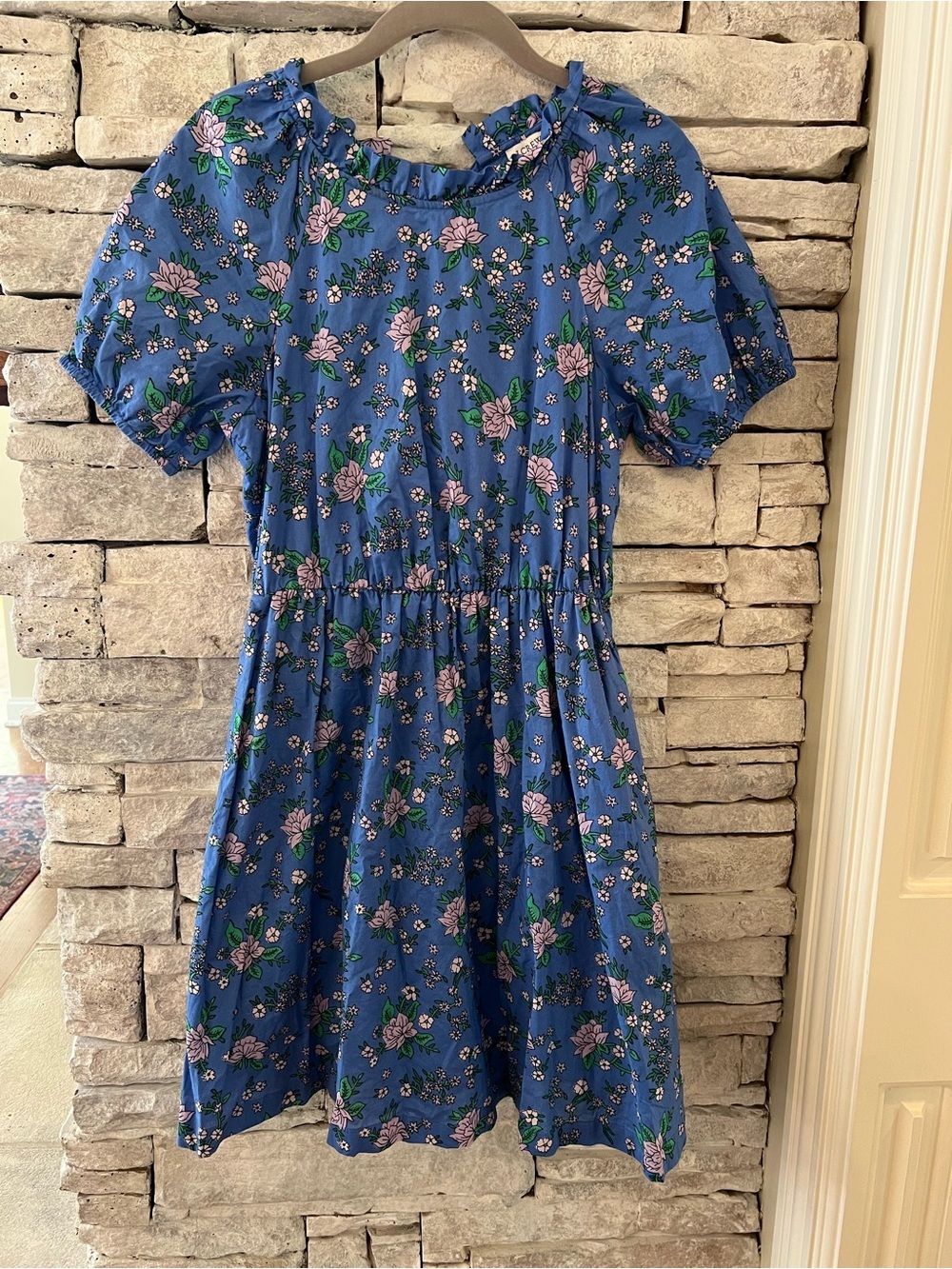 J. Crew Blue Floral Mini Dress with Puff Sleeves, Smocked & Tie Back 100% Cotton